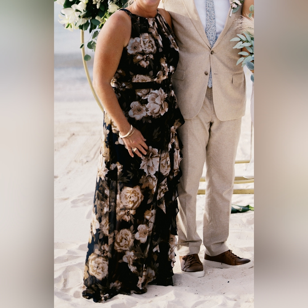 Betsy & Adam Black Maxi Dress with Cream and Tan Floral Print